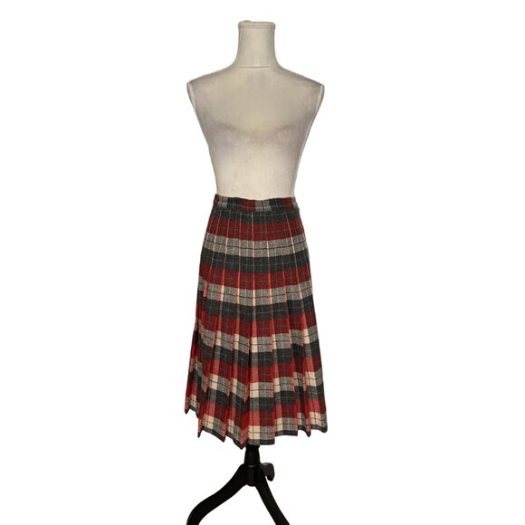 Vintage Red & Grey Plaid Wool Blend A-Line Midi Pleated Skirt 1960s Waist 25" - Picture 8 of 8